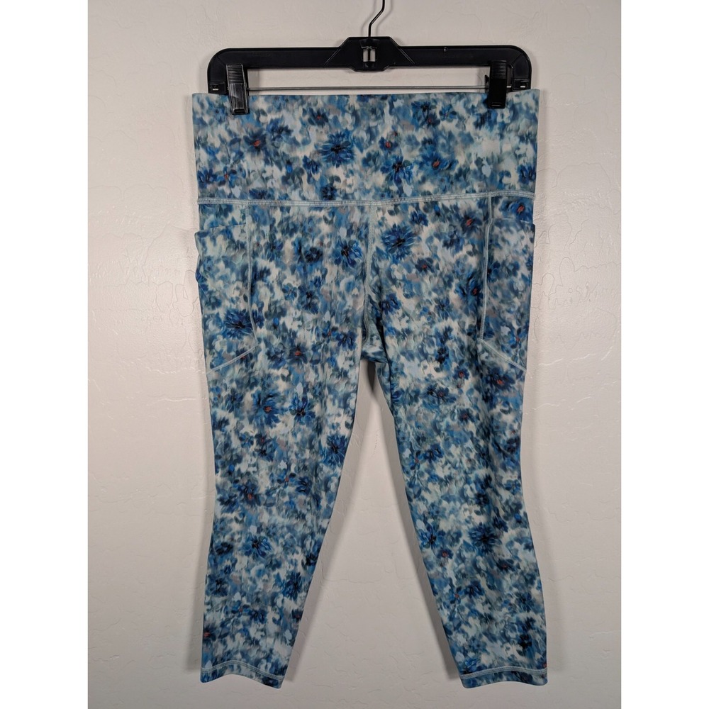 Athleta Pants Women Petite Large Blue Daisies Salutation Stash 7/8 Tight‎ Capri